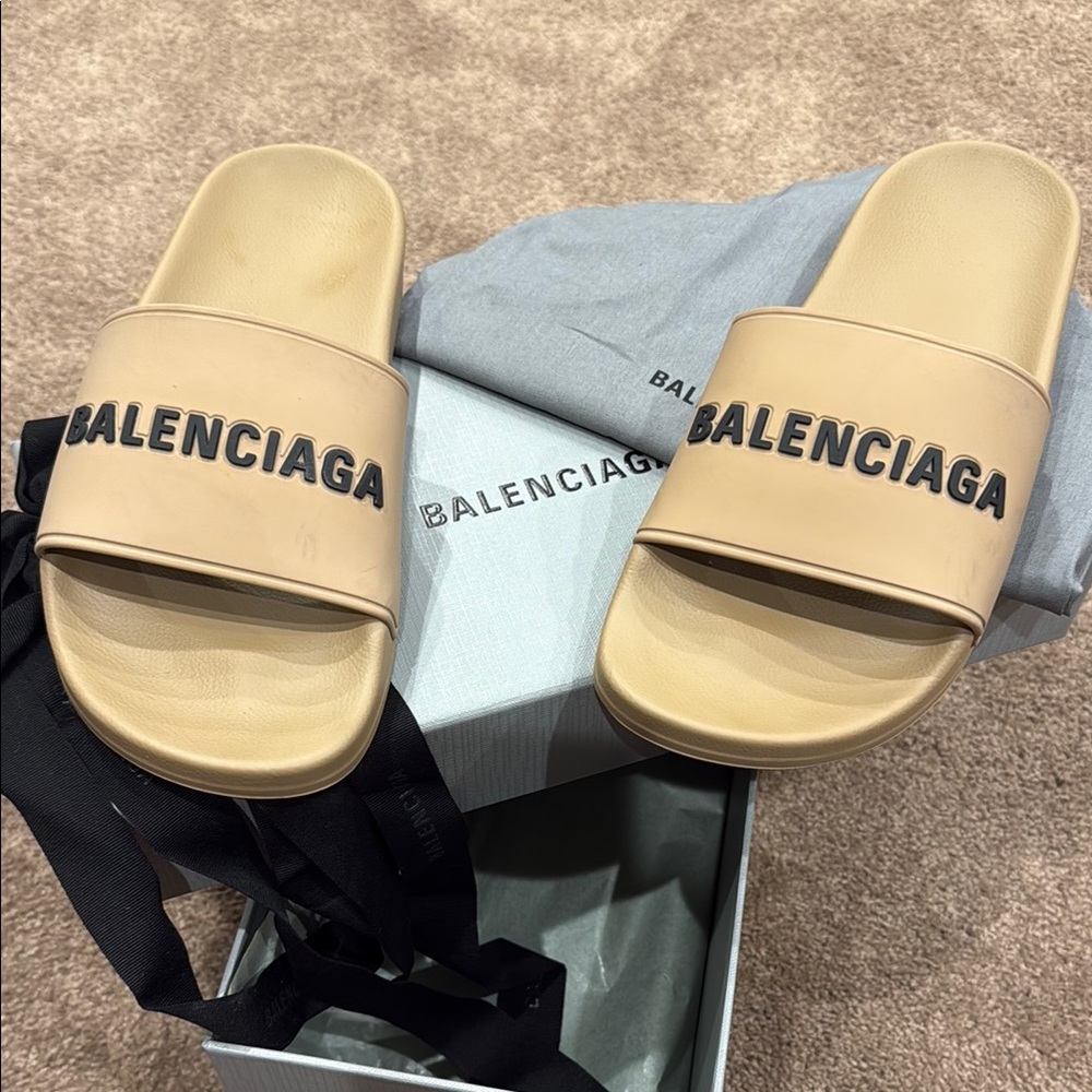 Balenciaga Tan Slides with Logo